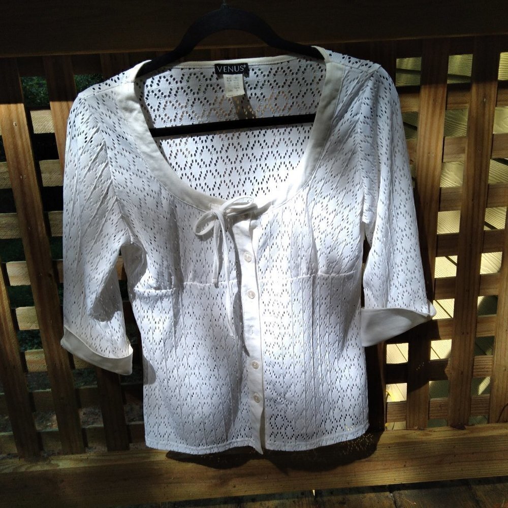 Venus White Eyelet Button Down Empire Waist Soft Stretch Cotton Jersey Tunic SzS